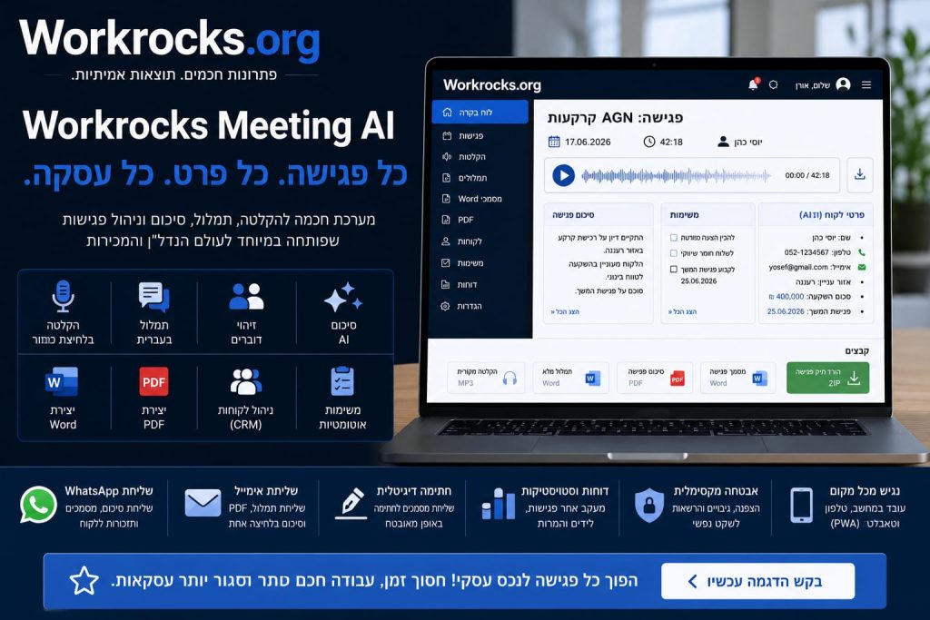 Workrocks Meeting AI – מהפכת התיעוד, התמלול וניהול הפגישות לעולם הנדל”ן והמכירות